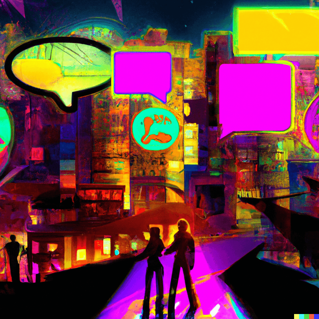 Cyberspace digital art of a neon-lit city with avatar figures speaking in chatbubbles, highlighting communication and futurism